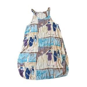 All That Glitters Beach Scene Tank‎ Dress Women Blue Tan Vintage Style SIZE M